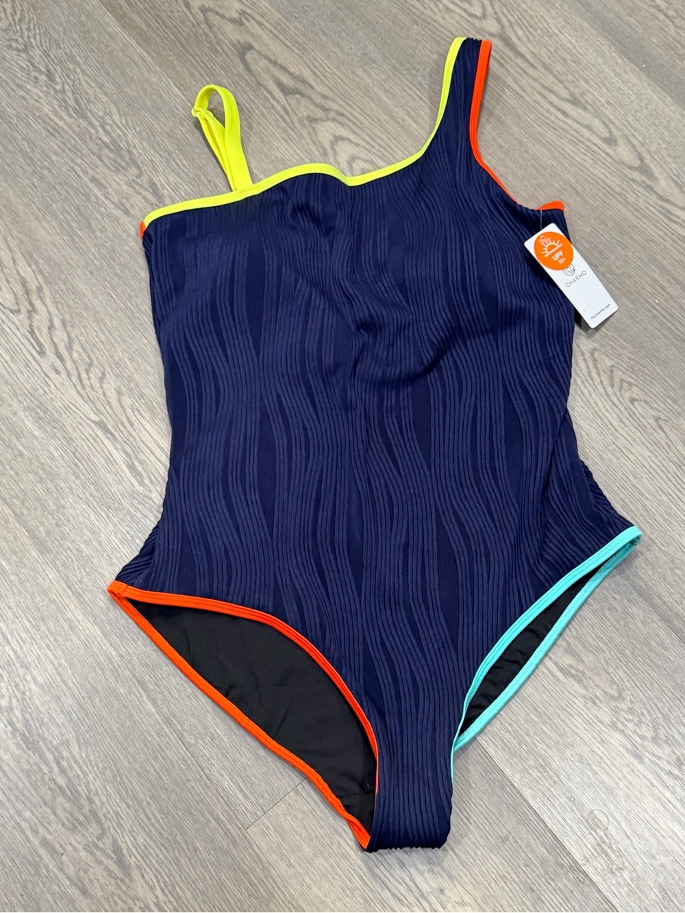 Charmo 1 Pc Navy Swimsuit 1 Shoulder Color Block Neon Large UPF Bathing Suit NWT